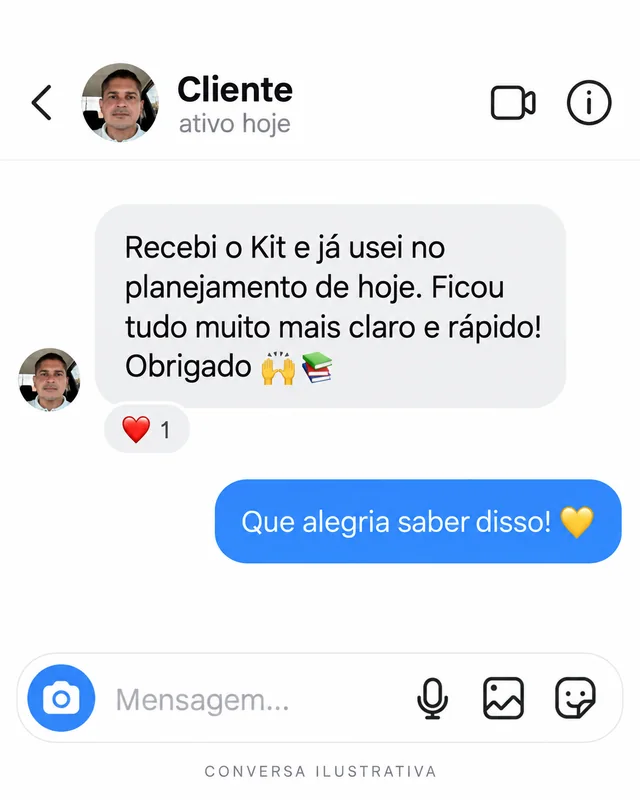Conversa ilustrativa: Recebi o Kit e já usei no planejamento de hoje. Ficou tudo muito mais claro e rápido!